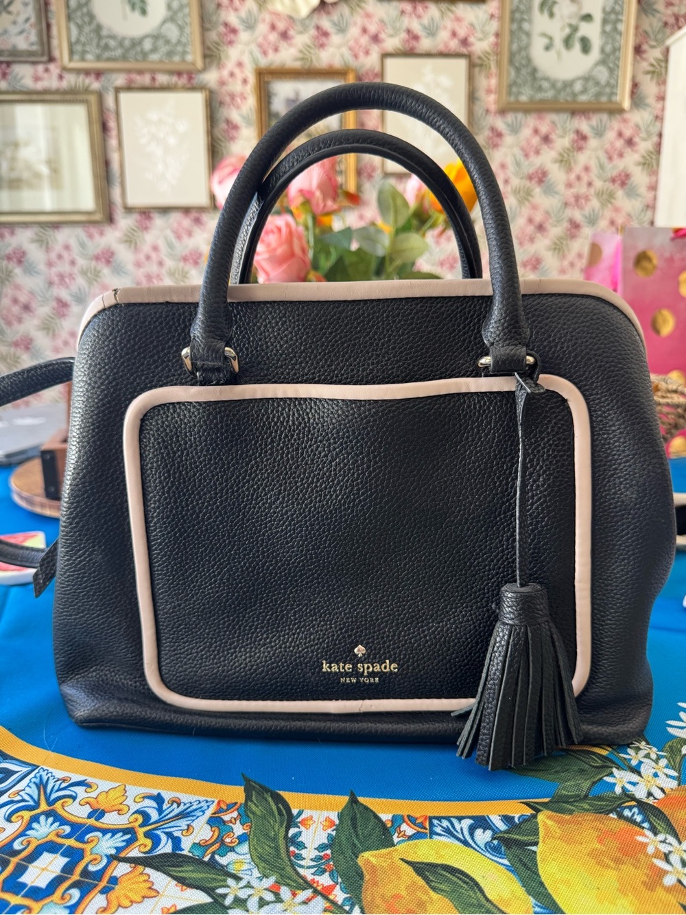 kate spade Black Pebbled Leather Satchel with Cream Trim and Tassel